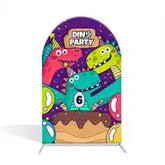 Colorful cartoon monsters surround a chocolate-frosted birthday cake.